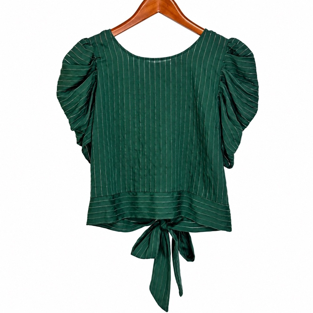 Milk & Honey Green Striped Puff Sleeve Tie Back Blouse 55287T-1 Size L